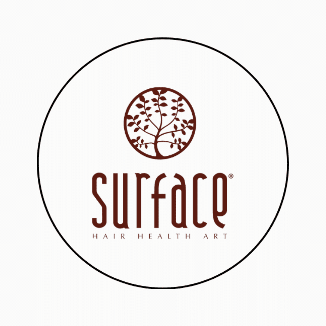 Surface Hair Health Art logo with tree graphic inside a circle.